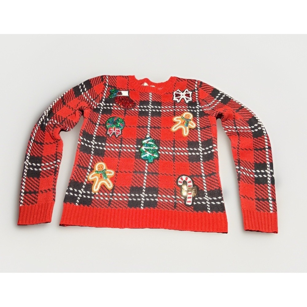 Forever 21‎ Womens Red Plaid Sequin Gingerbread Ugly Christmas Sweater Small